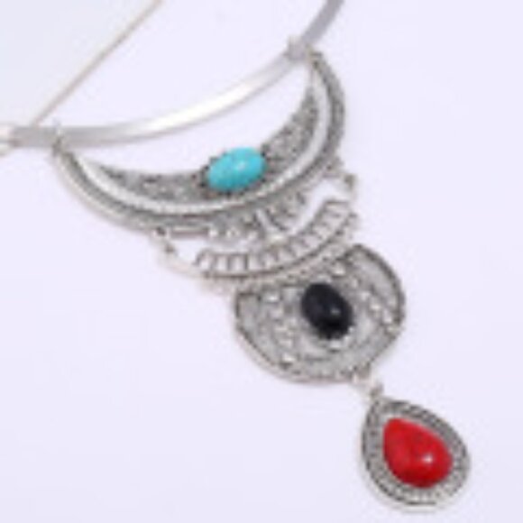 #046 Multi-layer Vintage Faux Turquoise With Diamonds Bohemian Necklace - Picture 4 of 5